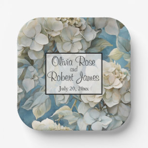 Elegante staubblaue aquamarine Blumenhydrangeas au Pappteller