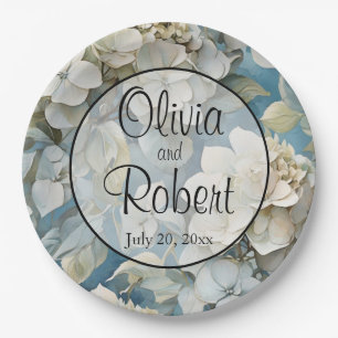 Elegante staubblaue aquamarine Blumenhydrangeas au Pappteller