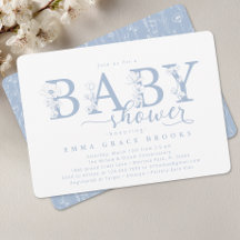 Elegante staubblaue Blumen-Babyshower-Typografie