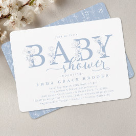Elegante staubblaue Blumen-Babyshower-Typografie Einladung