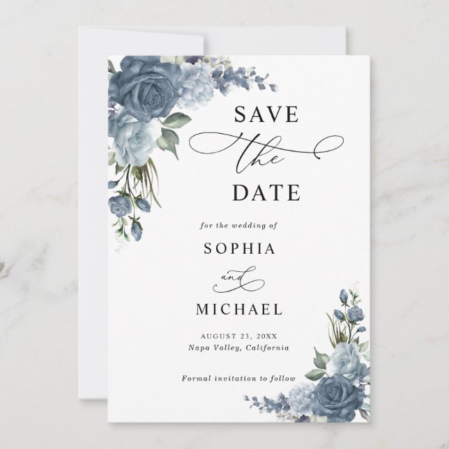 Elegante staubblaue Blumen-Save-the-Date-Karte Save The Date (Vorderseite)