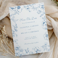 Elegante staubblaue Blumengarten-Save-the-Date-Kar