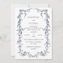 Elegante staubblaue Blumenrahmen-Hochzeitseinladun