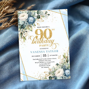 Elegante staubblaue Blüten zum 90. Geburtstag einl Einladung