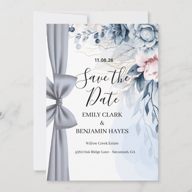 Elegante Staubblaue Bogen-Hochzeit Save The Date (Vorderseite)