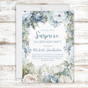 Elegante staubblaue Floral-Überraschung zum 21. Ge Einladung