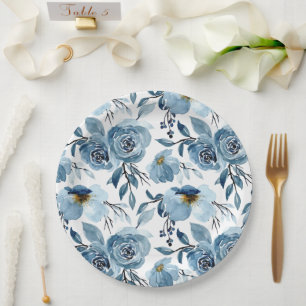 Elegante staubblaue Floral- und weiße runde Party Pappteller