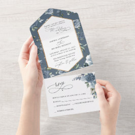 Elegante staubblaue florale Hochzeit All In One Einladung
