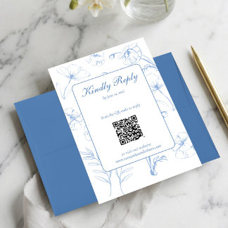 Elegante staubblaue florale Line-Art-QR-Code-Hochz RSVP Karte