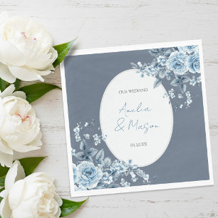 Elegante Staubblaue Florale Schrift Hochzeit  Serviette