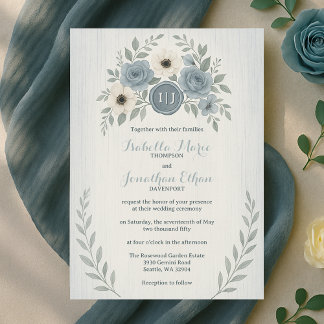 Elegante staubblaue florale Wachssiegel-Hochzeit Einladung