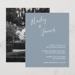 Elegante staubblaue Foto-Budget-Hochzeitseinladung