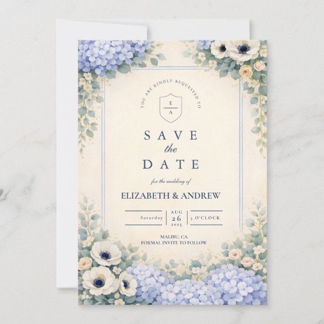 Elegante staubblaue Gartenhochzeit Save The Date (Vorderseite)