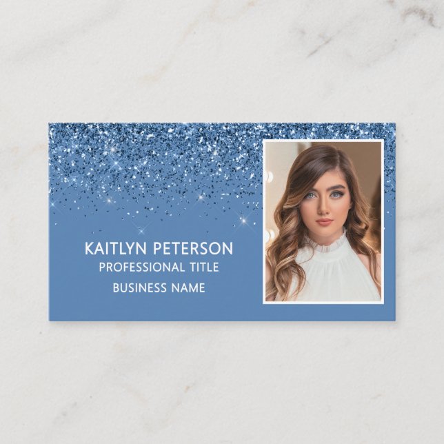 Elegante staubblaue Glitter-Foto-QR-Code  Visitenkarte (Vorderseite)