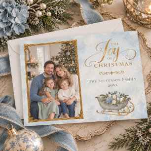 Elegante staubblaue goldene Weihnachtsfamilienfreu Feiertagskarte