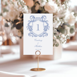 Elegante staubblaue Haube Hochzeit Tischnummer