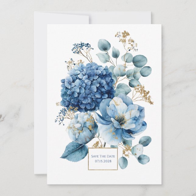Elegante Staubblaue Hortensie Gold Glitter Einladung (Vorderseite)