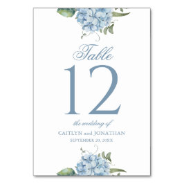 Elegante staubblaue Hortensien-Hochzeitstisch-Numm Tischnummer