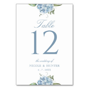 Elegante staubblaue Hortensien-Hochzeitstisch-Numm Tischnummer