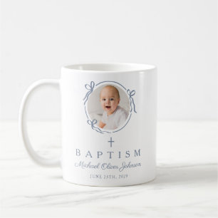 Elegante staubblaue Jungen-Foto-Taufe Kaffeetasse