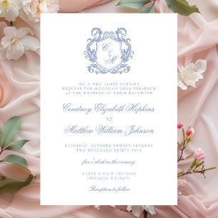 Elegante staubblaue Monogramm-Wappen-Hochzeit Einladung