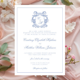 Elegante staubblaue Monogramm-Wappen-Hochzeit Einladung