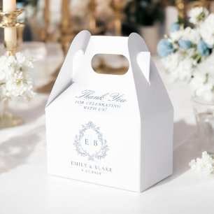 Elegante staubblaue Monogramm-Wappen-Hochzeit Geschenkschachtel