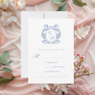 Elegante staubblaue Monogramm-Wappen-Hochzeit RSVP Karte