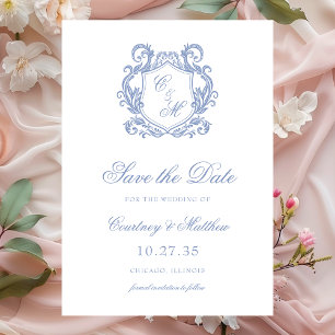 Elegante staubblaue Monogramm-Wappen-Hochzeit Save The Date