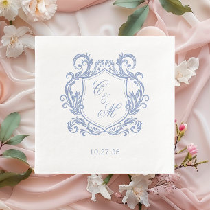 Elegante staubblaue Monogramm-Wappen-Hochzeit Serviette