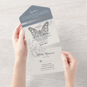 Elegante staubblaue Schmetterlings-Hochzeit All In One Einladung