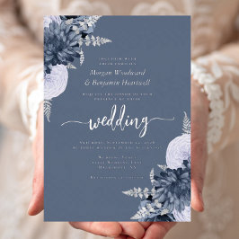 Elegante Staubblaue Silberne Blumige Hochzeit Folieneinladung