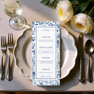 Elegante staubblaue Toile-Blumen-Hochzeitsfeier Menükarte