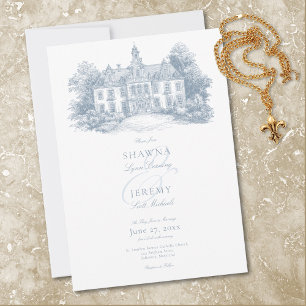 Elegante staubblaue Toile French Manor Hochzeit Einladung