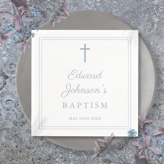Elegante staubblaue Umrandung Taufe Serviette (Elegant Dusty Blue Border Baptism Napkins)