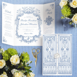 Elegante staubblaue Vintage-Tor-Hochzeit Dreifach Gefaltete Einladung