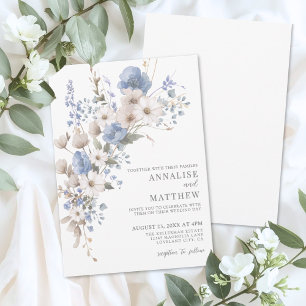Elegante staubblaue Wildblumen-Hochzeit Einladung