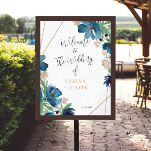 Elegante, staubige, blaue goldene Blumenhochzeit W Poster