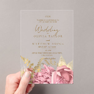 Elegante staubige Blush-Gold-Rosen-Blumenhochzeit Acryleinladungen
