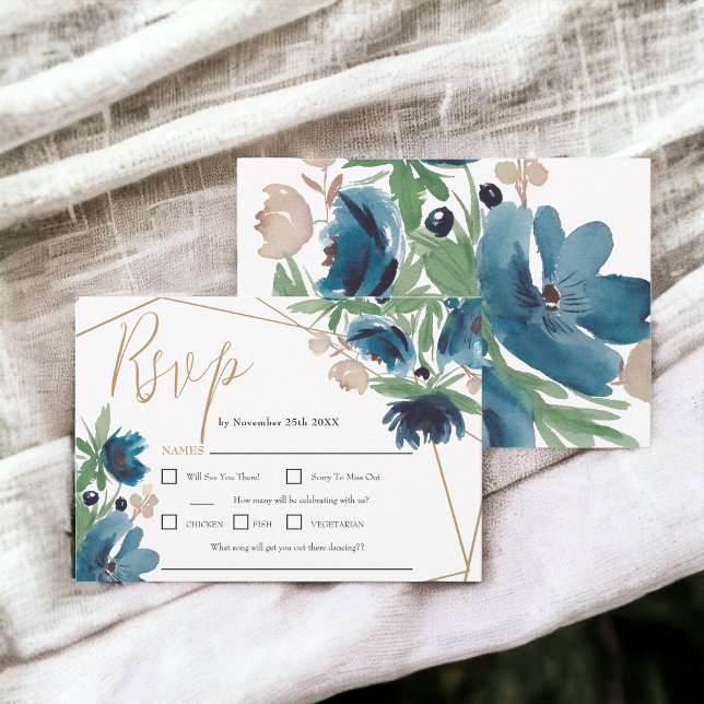 Elegante, staubige Goldmedaille RSVP Karte (Elegant dusty blue gold Floral Watercolor Wedding RSVP Card)