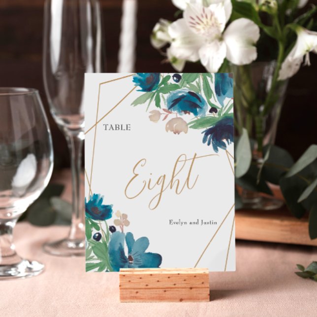 Elegante, staubige Goldmedaille Tischnummer (Elegant dusty blue gold Floral Watercolor Wedding Table Number)