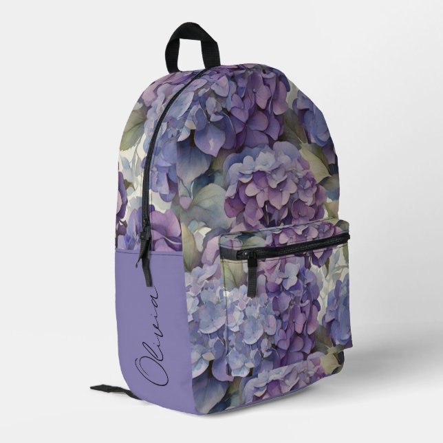 Elegante, staubige, lila Hydrangeas Bedruckter Rucksack (Rückseitige Ecke links)