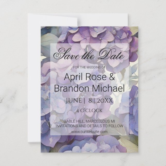 Elegante, staubige, lila Hydrangeas Save The Date (Vorderseite)