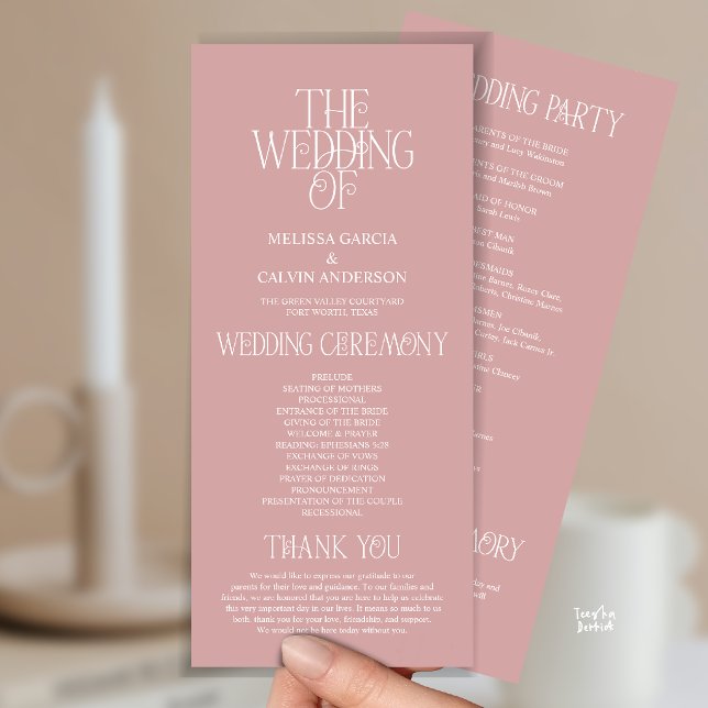 Elegante Staubige Rosen-Typografie Hochzeitsprogra Programm (Elegant Rose Gold Typography Modern Romantic Wedding Program Card)