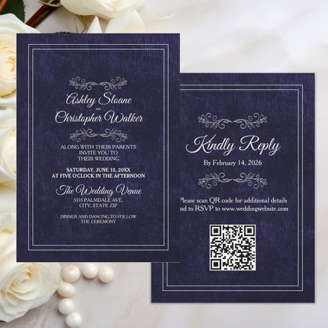 Elegante staubige schwarze weiße QR-Code-Hochzeit Einladung (Black velvet and white text elegant wedding invitation and rsvp combination with your QR code)