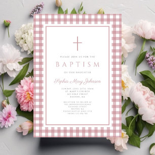 Elegante Staubrosa Gingham Mädchen Taufe Einladung