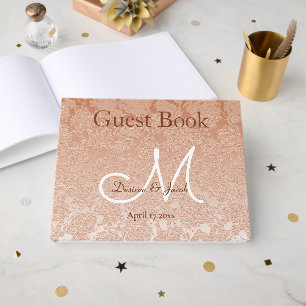 Elegante Staubrose Weiß Braune Hochzeitsmonogramm Gästebuch