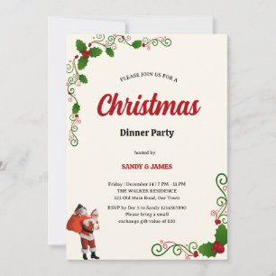 Elegante Stechpalme und Beeren Weihnachts-Dinnerpa Einladung