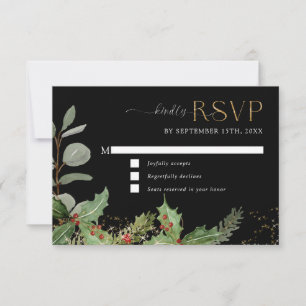 Elegante Stechpalmen-Beeren- und Kiefern-Schwarz-G RSVP Karte