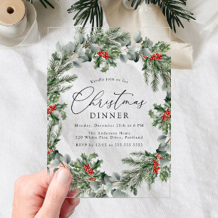 Elegante Stechpalmenbeeren und Tannen Weihnachtses Acryleinladungen